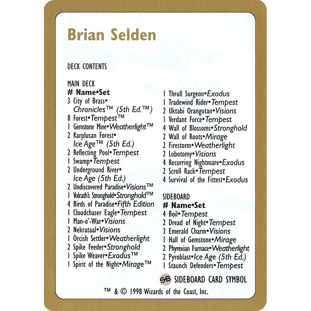 Image for 1998 Brian Selden Decklist Card (WCD) - Magic: The Gathering