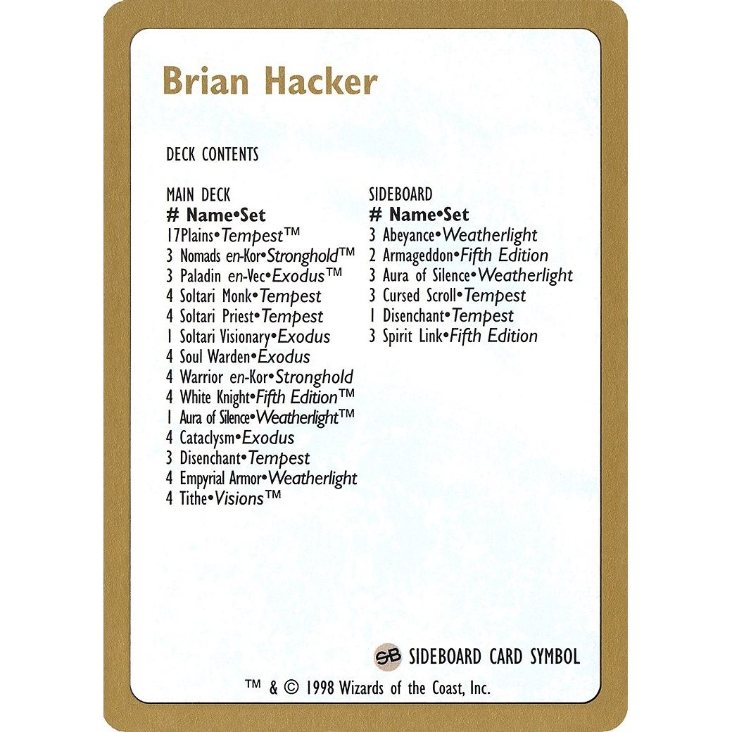 Image for 1998 Brian Hacker Decklist Card (WCD) - Magic: The Gathering