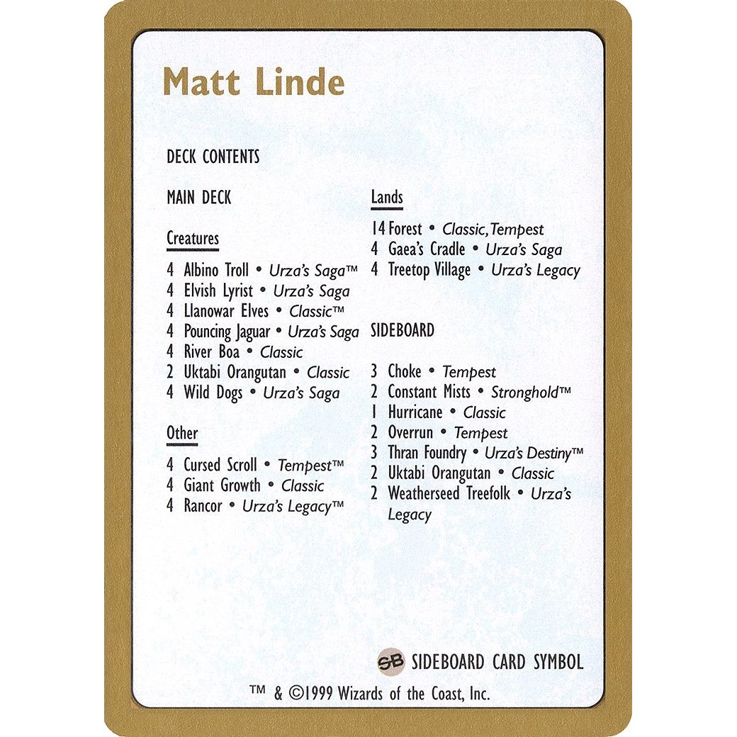 Image for 1999 Matt Linde Decklist Card (WCD) - Magic: The Gathering