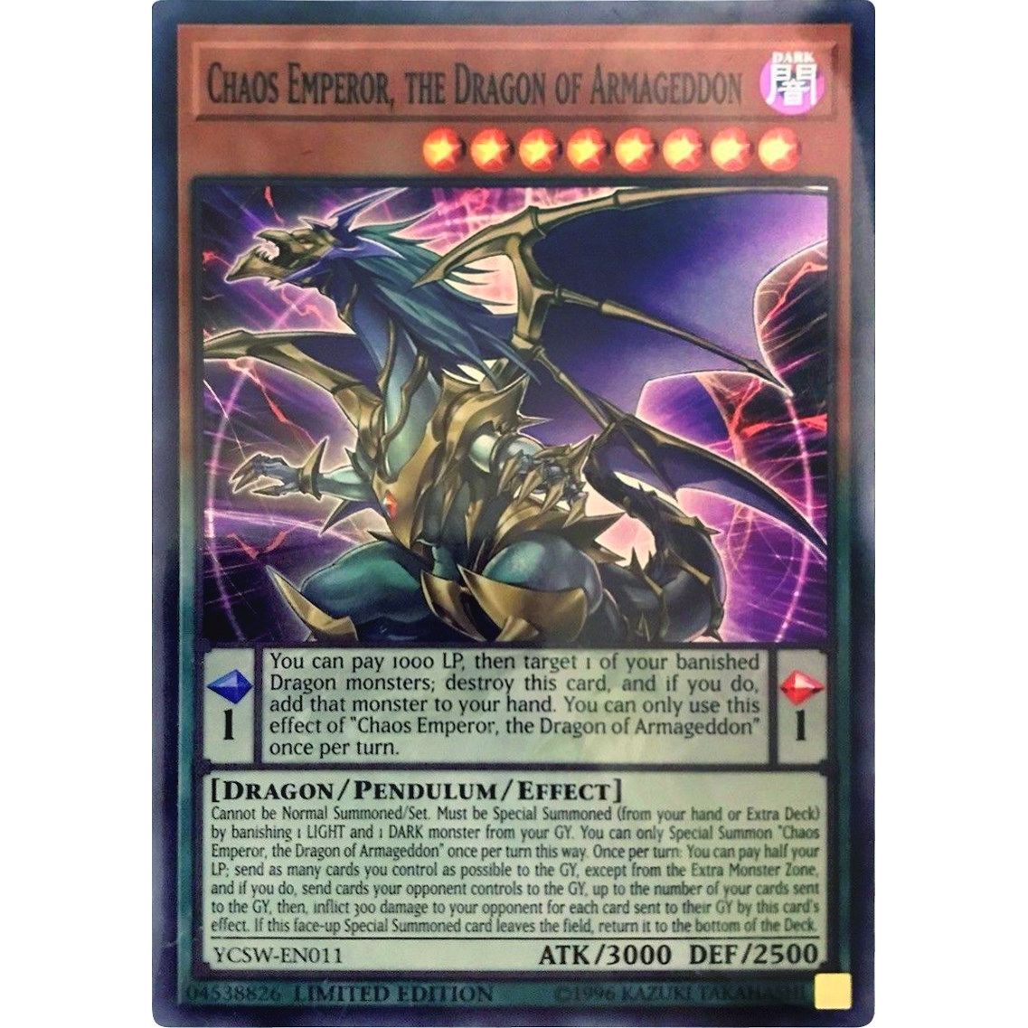 Image for Chaos Emperor, the Dragon of Armageddon (SR) (YCSW-EN011) (YCSW) - YuGiOh