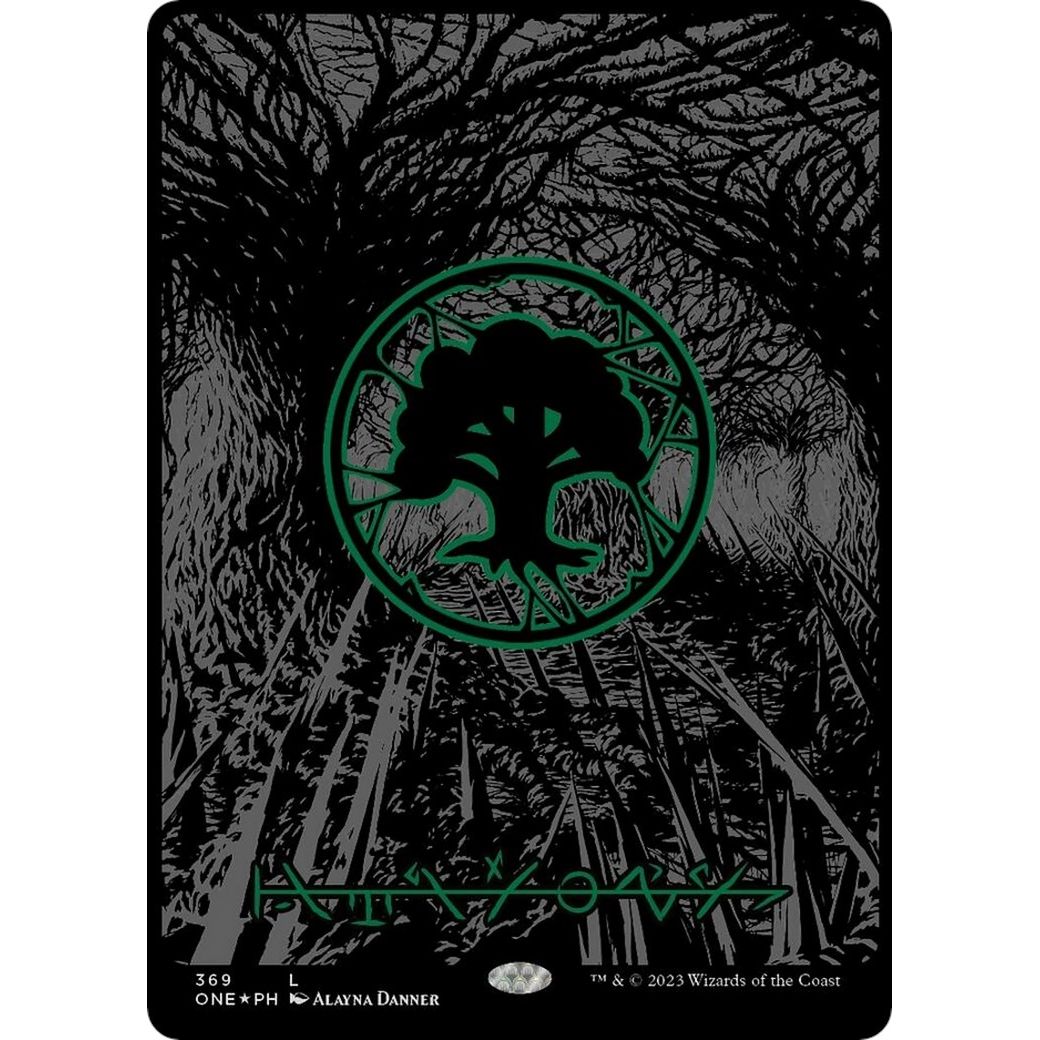 Image for Forest (Phyrexian) - Full Art (Oil Slick Raised Foil) (369) (ONE) - Magic: The Gathering