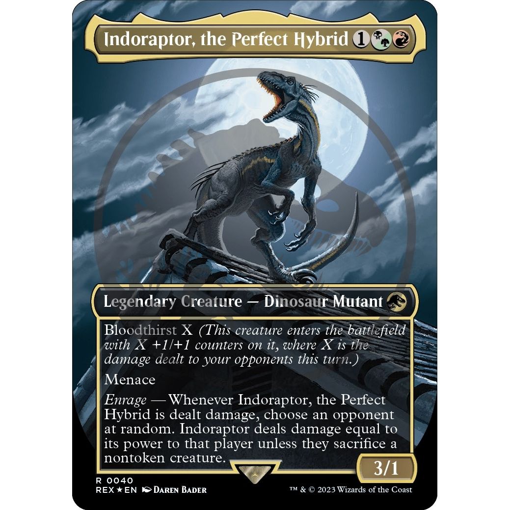 Image for Indoraptor, the Perfect Hybrid (Borderless) (Emblem) (40) (REX) - Magic: The Gathering