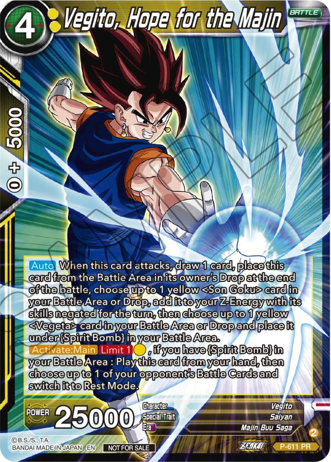 Image for Vegito, Hope for the Majin (Zenkai Series Tournament Pack Vol.8) (P-611) (TPR) - Dragon Ball Super: Masters