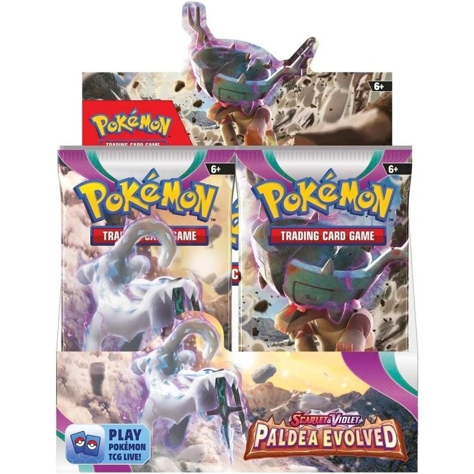 A sealed Paldea Evolved Pokemon booster box, still factory wrapped