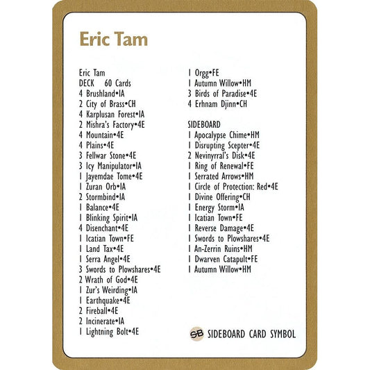 Image for 1996 Eric Tam Decklist Card (WCD) - Magic: The Gathering