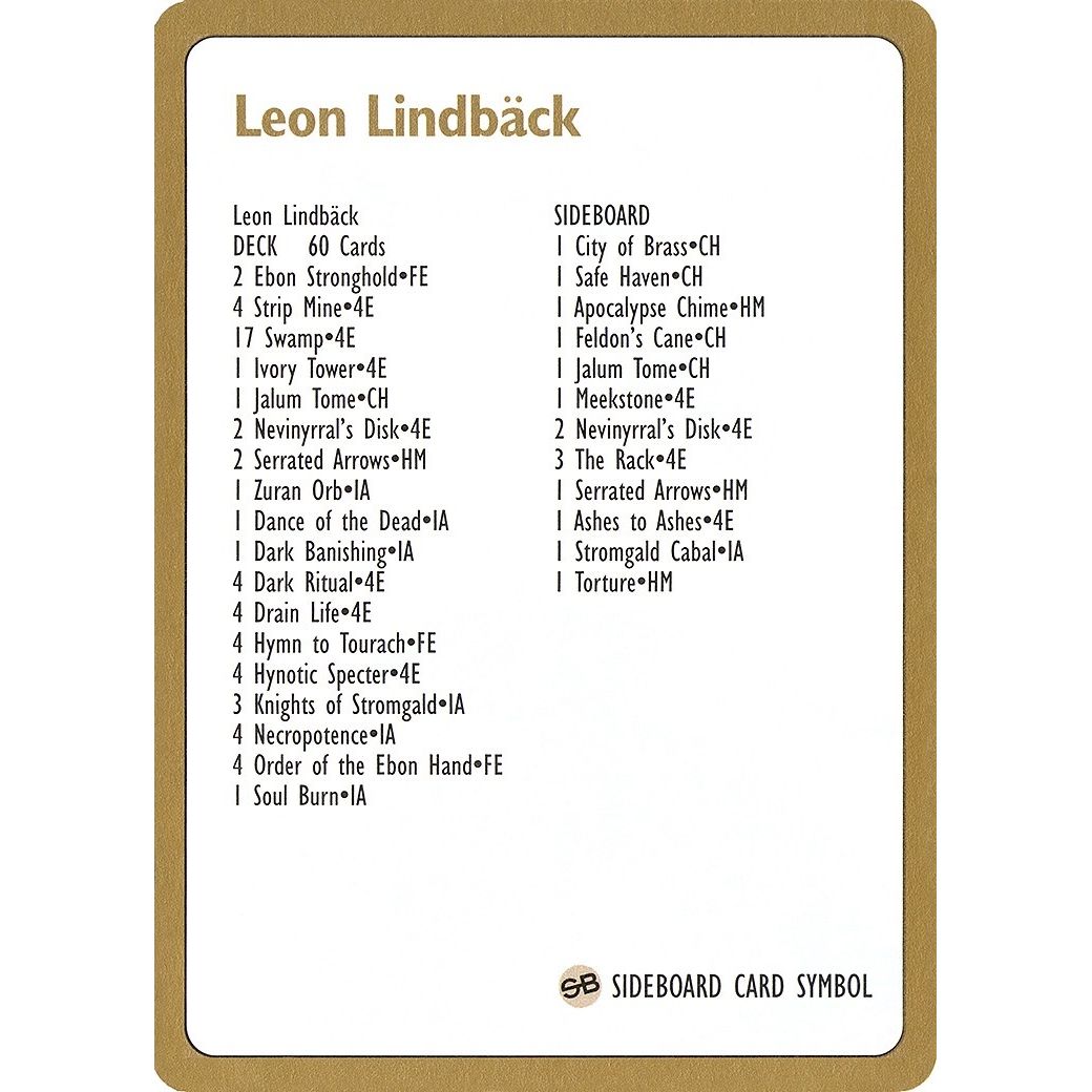 Image for 1996 Leon Lindback Decklist Card (WCD) - Magic: The Gathering