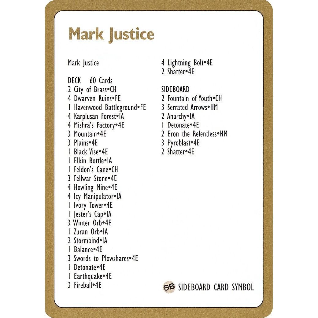 Image for 1996 Mark Justice Decklist Card (WCD) - Magic: The Gathering