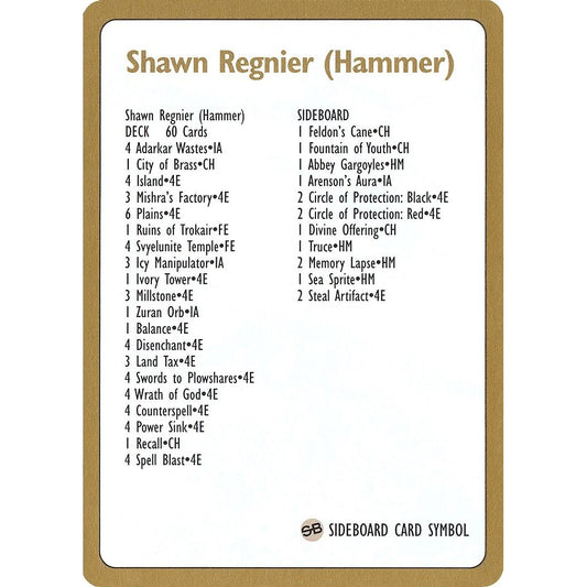 Image for 1996 Shawn "Hammer" Regnier Decklist Card (WCD) - Magic: The Gathering