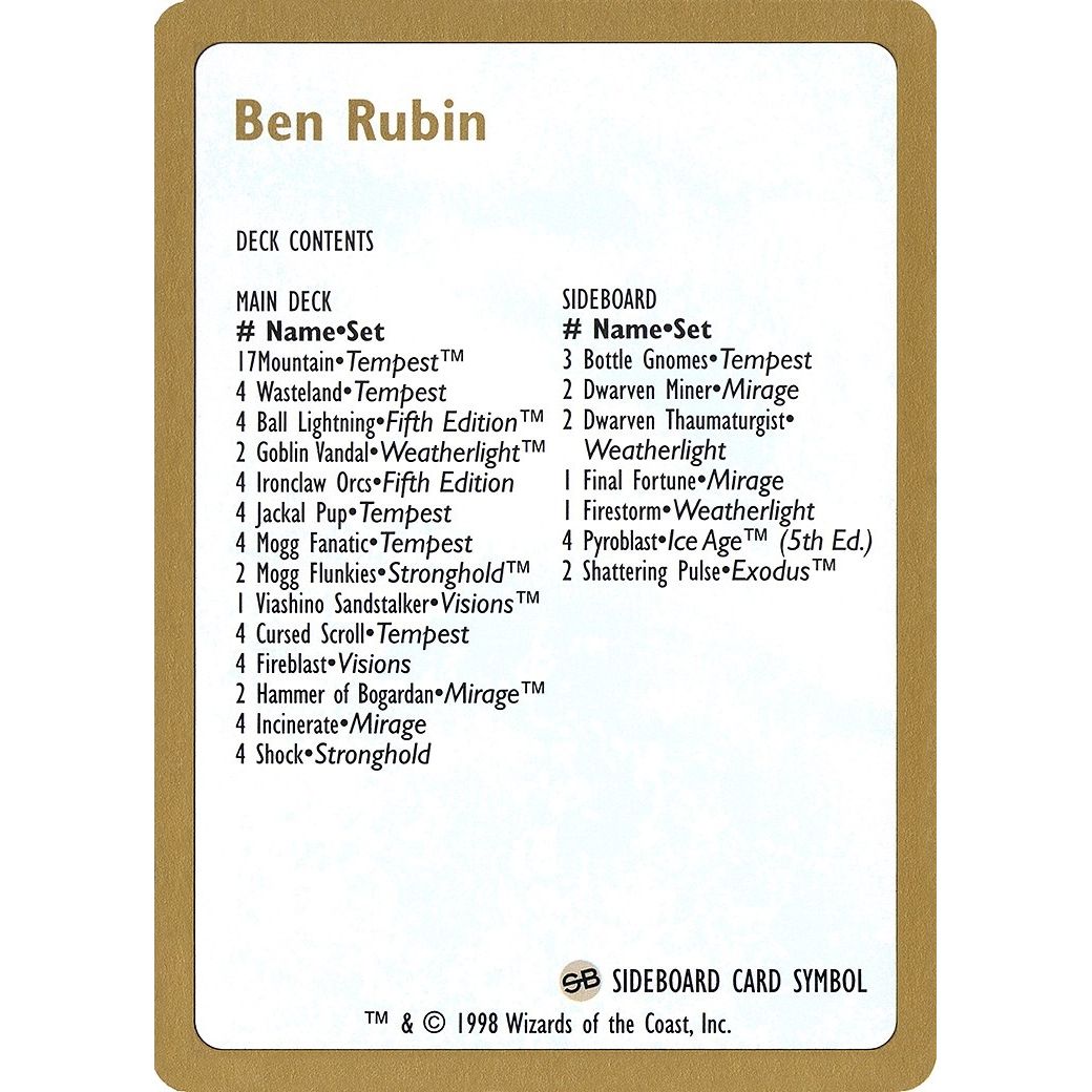 Image for 1998 Ben Rubin Decklist Card (WCD) - Magic: The Gathering