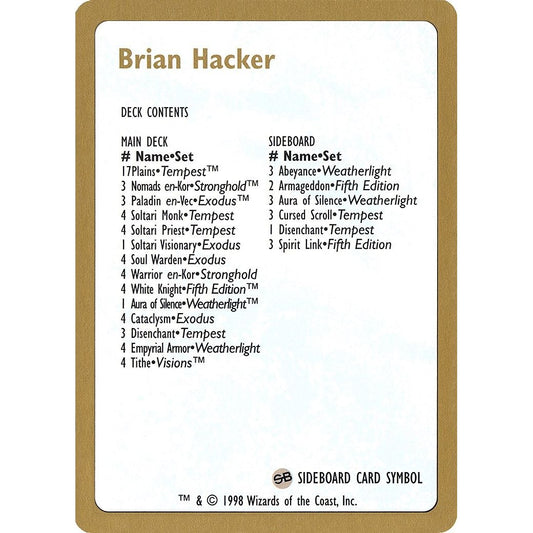 Image for 1998 Brian Hacker Decklist Card (WCD) - Magic: The Gathering