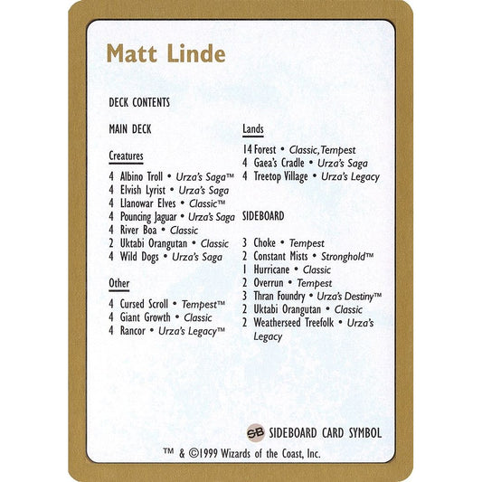 Image for 1999 Matt Linde Decklist Card (WCD) - Magic: The Gathering