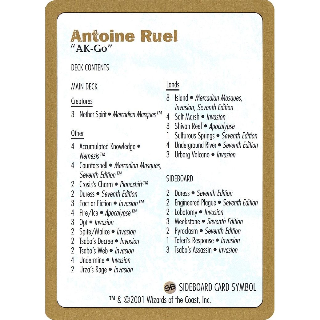 Image for 2001 Antoine Ruel Decklist Card (WCD) - Magic: The Gathering