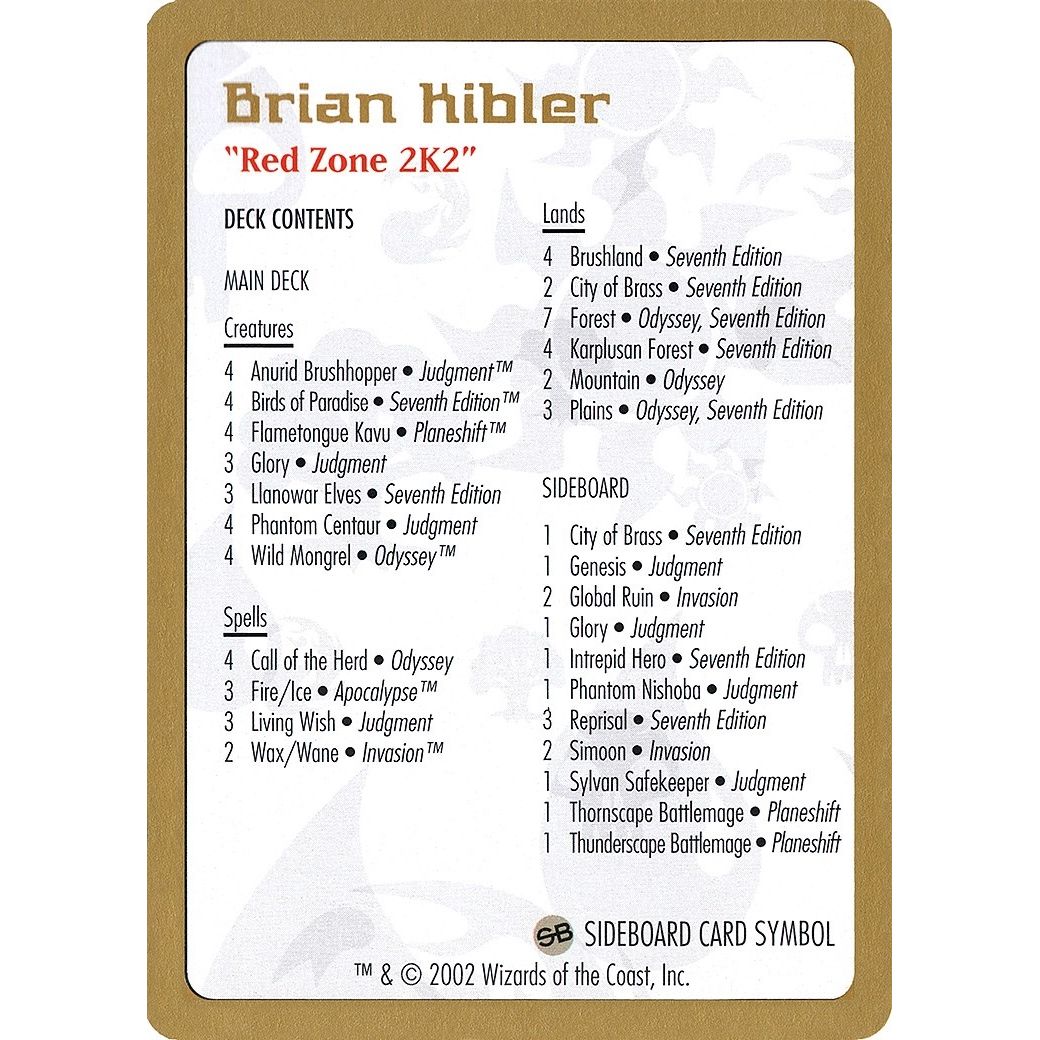 Image for 2002 Brian Kibler Decklist Card (WCD) - Magic: The Gathering