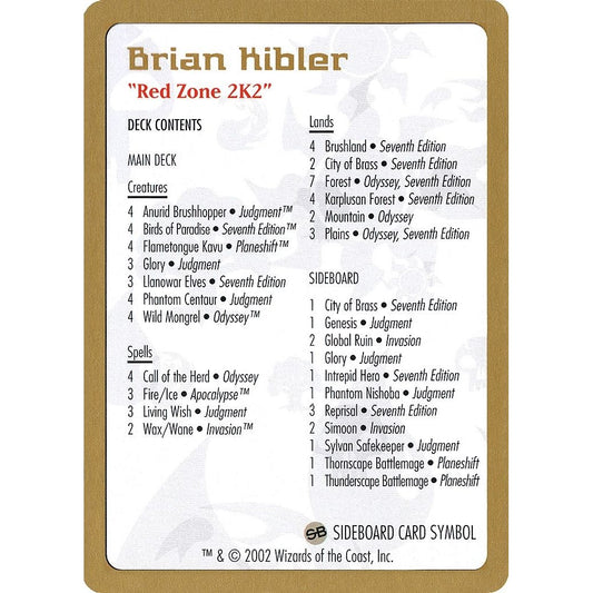 Image for 2002 Brian Kibler Decklist Card (WCD) - Magic: The Gathering