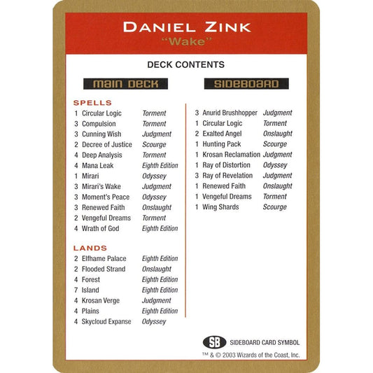 Image for 2003 Daniel Zink Decklist Card (WCD) - Magic: The Gathering