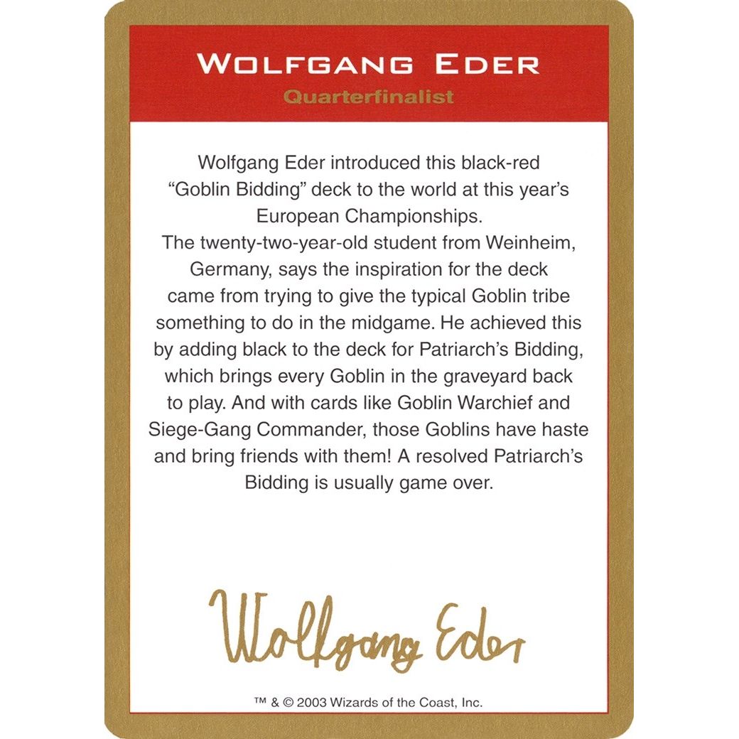 Image for 2003 Wolfgang Eder Biography Card (WCD) - Magic: The Gathering