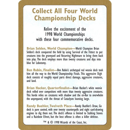 Image for 1998 World Championship Advertisement Card (WCD) - Magic: The Gathering