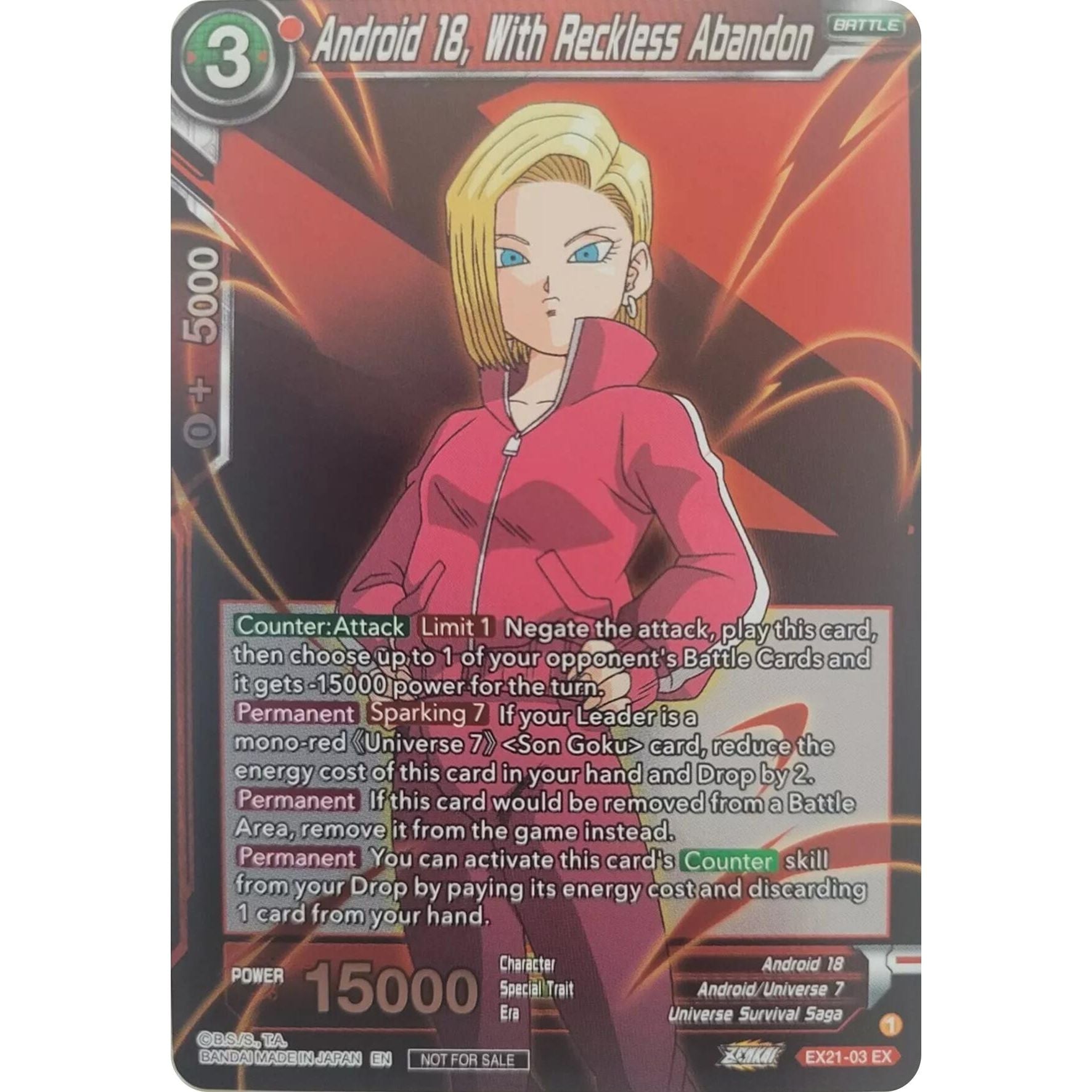 Image for Android 18, With Reckless Abandon (Zenkai Series Pack Vol.1) (EX21-03) (TPR) - Dragon Ball Super: Masters