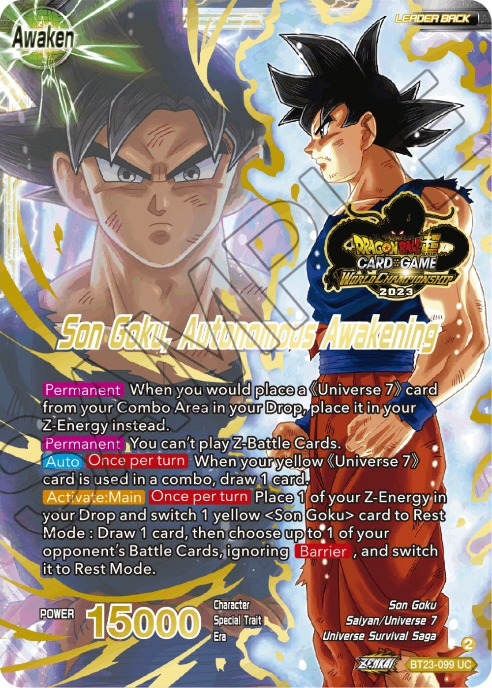 Image for SSB Son Goku // Son Goku, Autonomous Awakening (2023 Worlds ZENKAI 06 Leader Set) (BT23-099) (TPR) - Dragon Ball Super: Masters