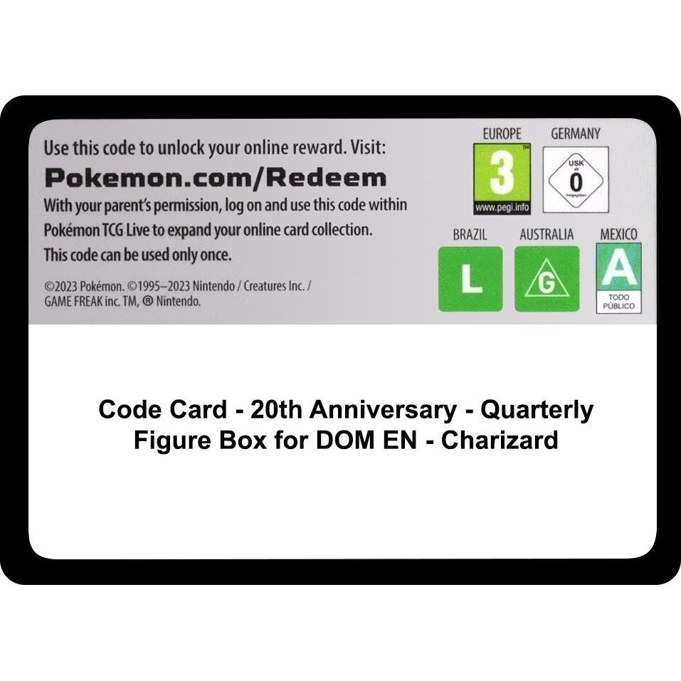Image for Code Card - 20th Anniversary - Quarterly Figure Box for DOM EN - Charizard (MCAP) - Pokemon