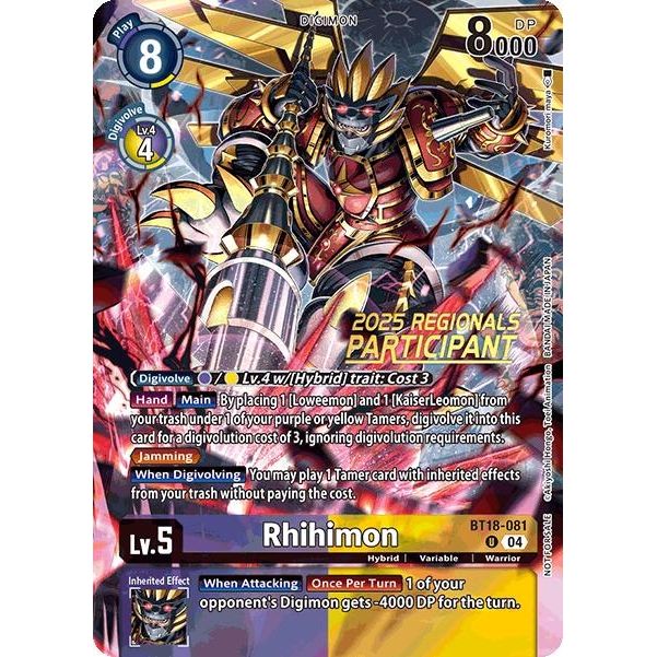 Image for Rhihimon (2025 Regionals Participant) (BT18-081 U) (BT18-19) - Digimon Card Game