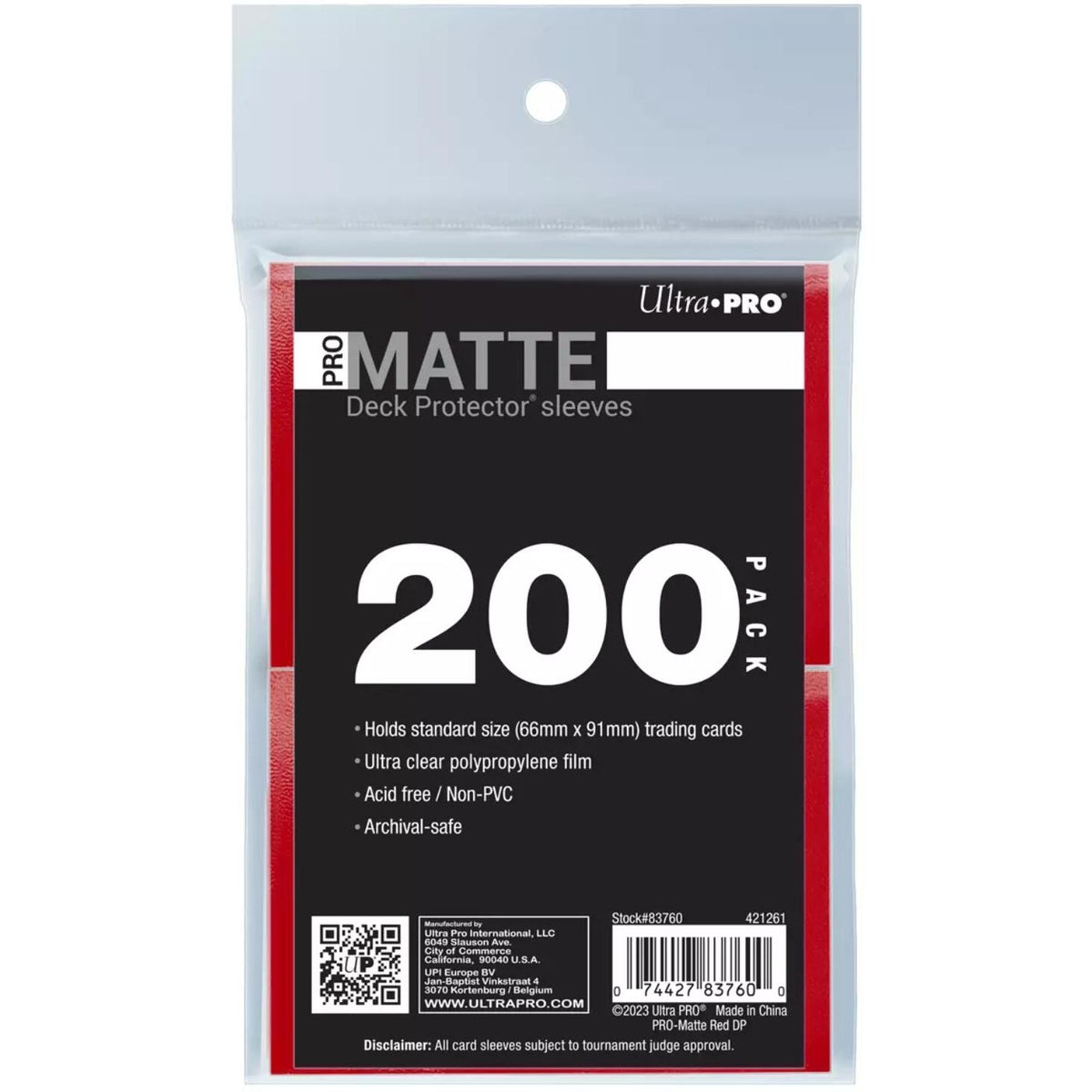 Image for PRO-Matte Standard Deck Protector Sleeves - Red (200-Pack) - Card Sleeves