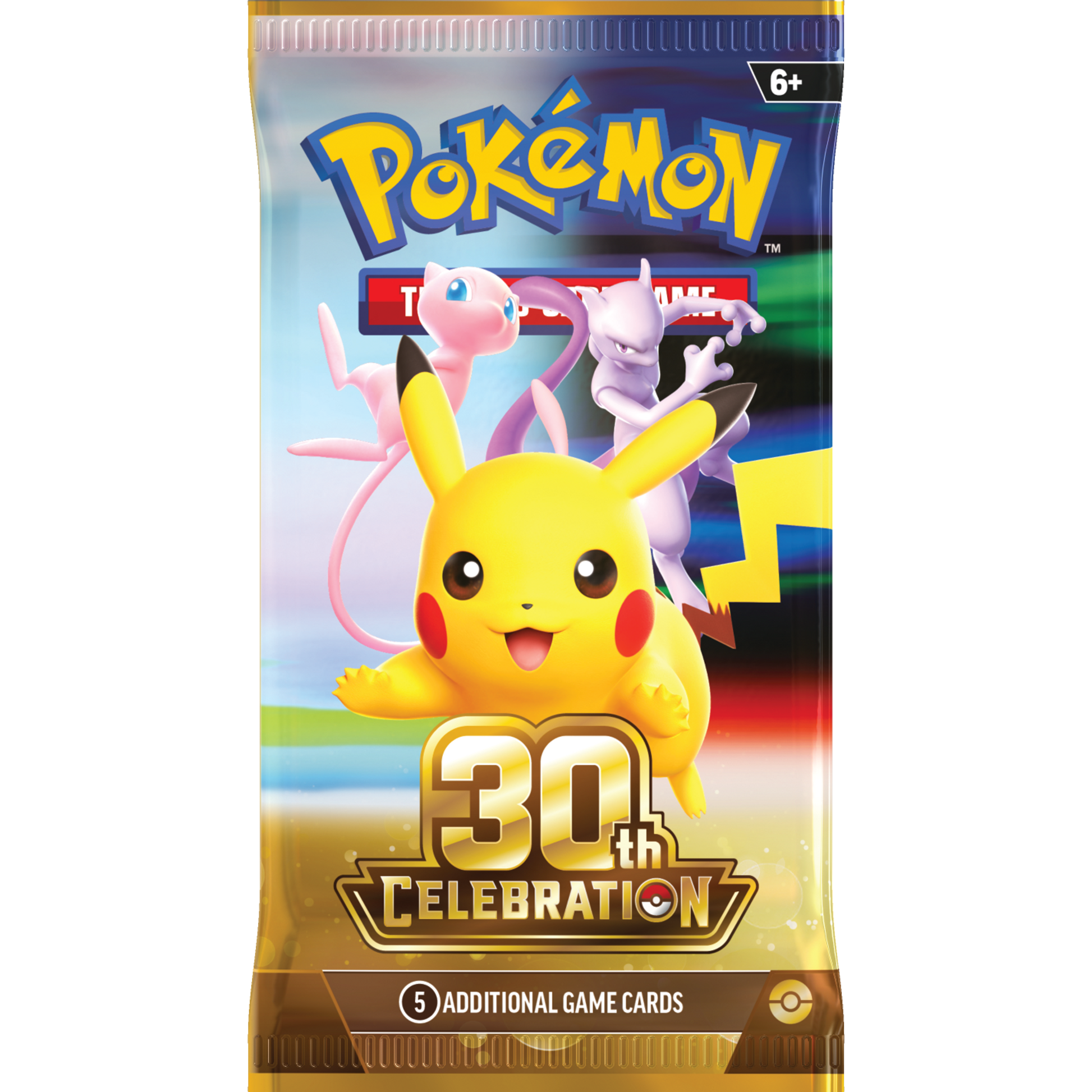 Pokemon TCG: 30th Celebration Booster Pack - single sealed booster pack featuring Pikachu, Mew and Mewtwo, 5 additional game cards