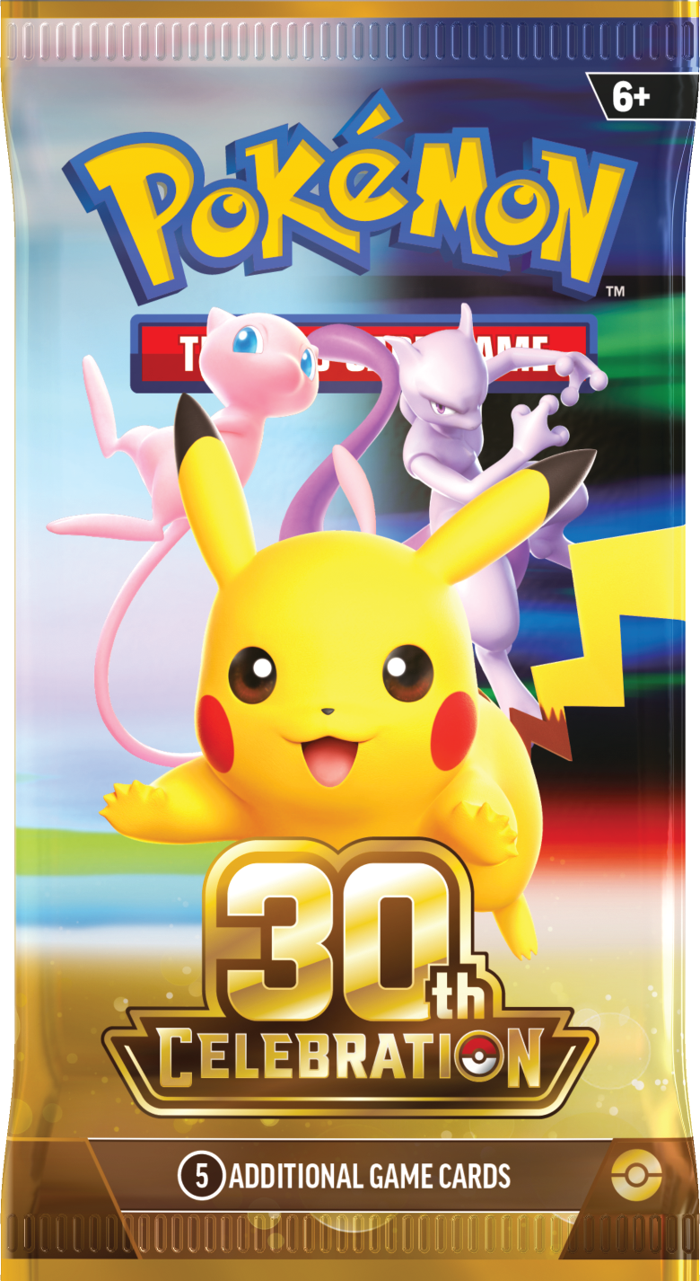 Pokemon TCG: 30th Celebration Booster Pack - single sealed booster pack featuring Pikachu, Mew and Mewtwo, 5 additional game cards